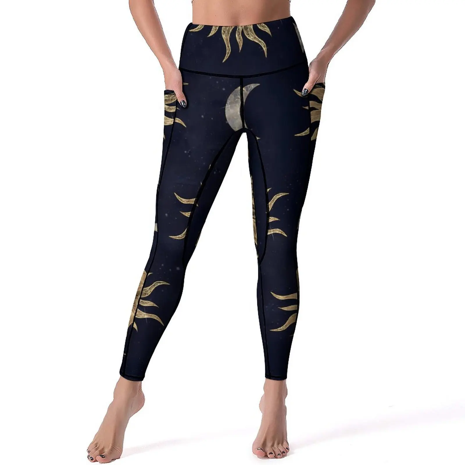 

Gold Sun Moon Leggings Pockets Mandala Blue Custom Yoga Pants Push Up Workout Yoga Legging Women Elegant Stretchy Sport Pants