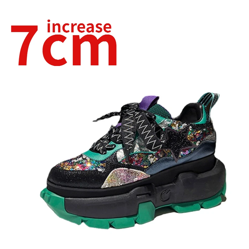 

Genuine Leather Dad's Shoes Women Increased 7cm Thick Platform Casual Sports Shoes Sequin Design Height Increasing Shoes Women's