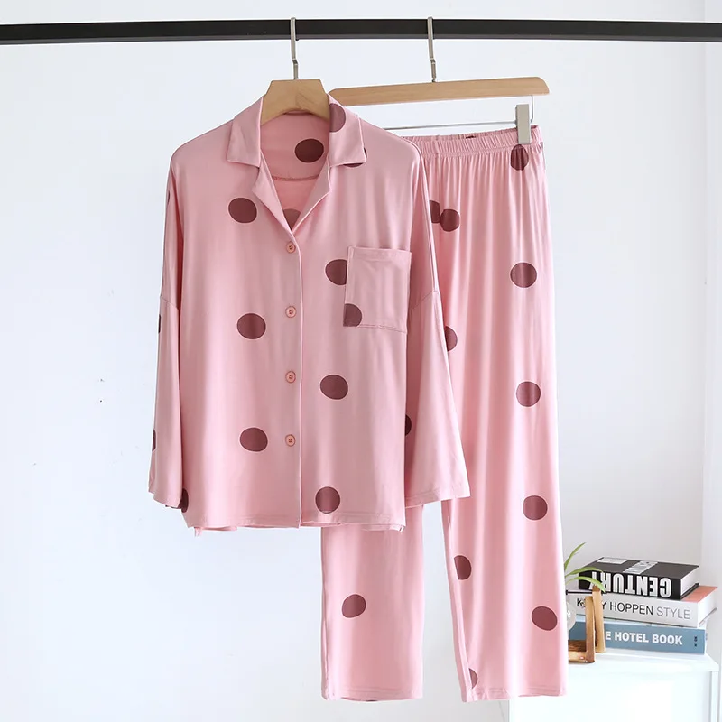 

Modal Home Wear Suit Lady Lapel Spring Summer Women Thin Long Sleeves Pink Trousers Dots Printing Great Elasticity Pajamas Set