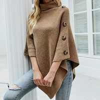 2021 autumn winter button poncho women sweater oversized turtleneck jumper knitwear holiday vintage cape batwing sleeve ponczo