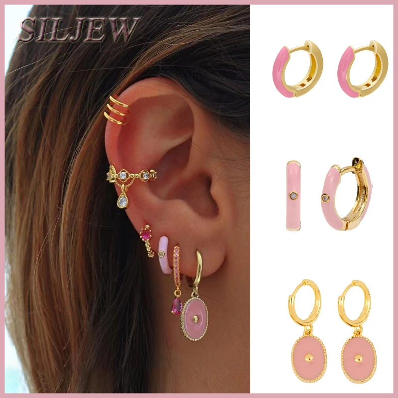 

Copper Hot Sale Pink Color Enamel Colorful Huggie Hoop Earrings Dripping Oil Craft Pendientes Jewelry Circle Earring for Women