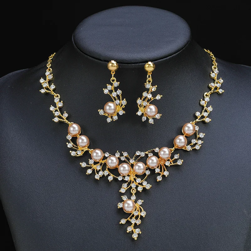 

2022 Fashion Crystal Pearl Gold Silver Color Necklace and Earrings Bride Jewelry Set Alloy Wedding Bride Jewelry Sets for Women