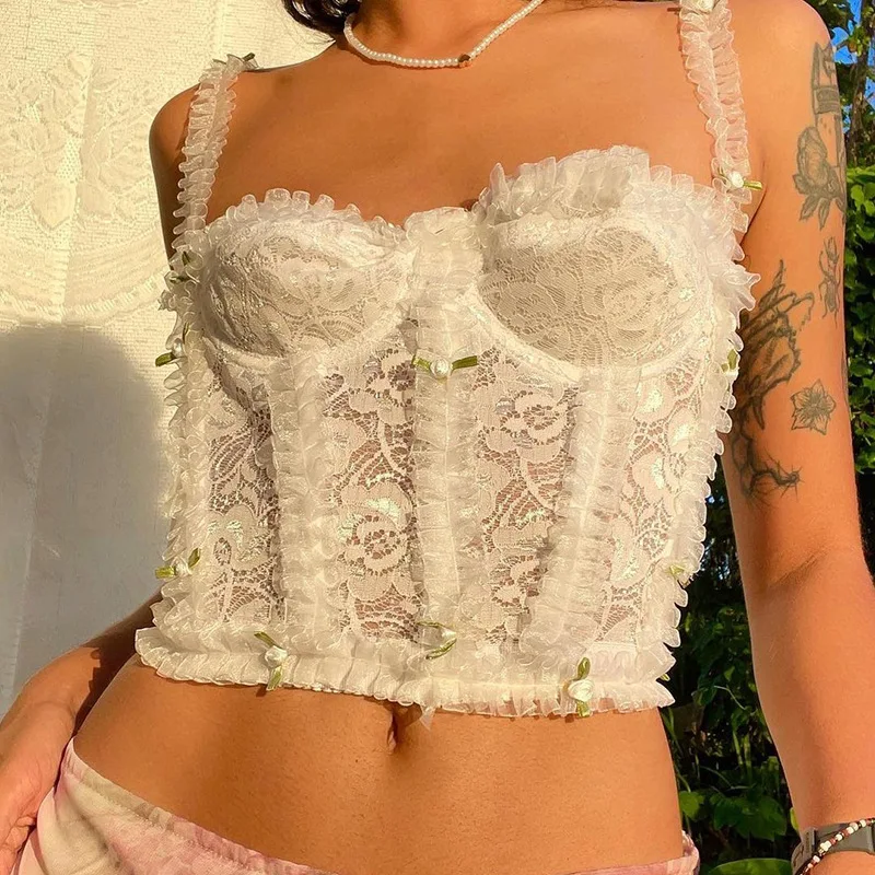 

French Kwaii Lace White Camisoles with Sweet Rose Bows Tight Crop Tops Lolita Ruffles Bra for Sexy Women Coquette Aesthetic Y2k
