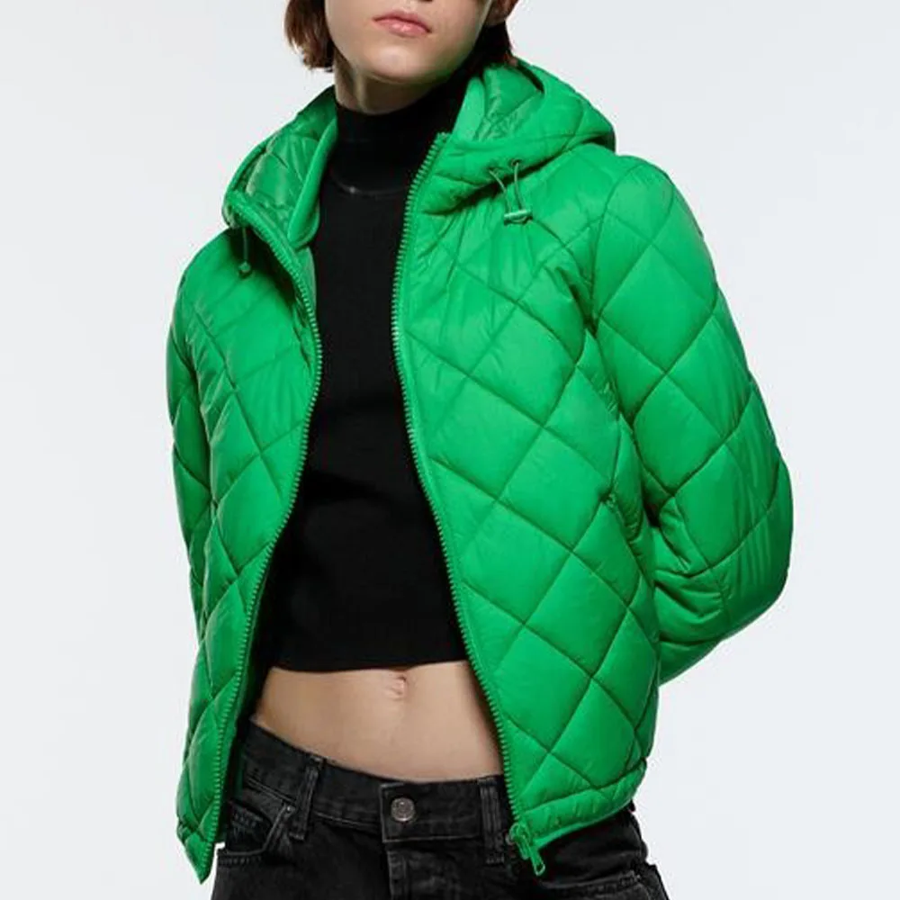 2022 New Autumn and Winter Women's Zipper Green Hooded Regular Cotton Clothing Casual Warm Jacket