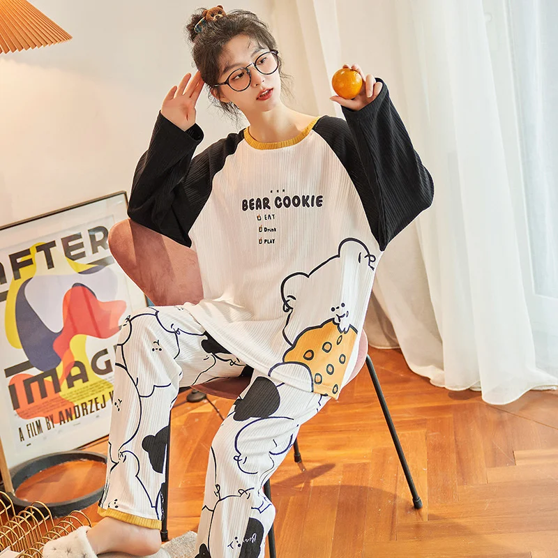 2022 new style pajamas women's autumn winter long sleeved trousers set pure cotton simple leisure cartoon girls' home clothes