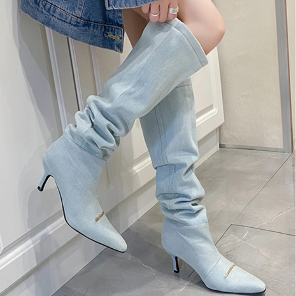 

Pleated High Heels Denim Boots for Women 2023 Autumn Jeans Knee High Cowboy Boots Woman Solid Thin Heeled Long Botas Feminina