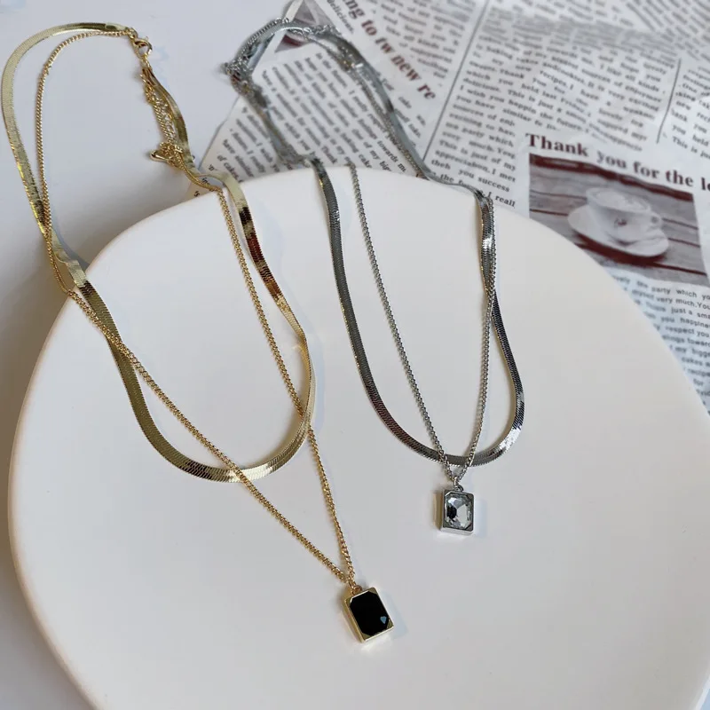 

Statement Double Layer Necklaces Fashion Gold Sliver Color Clavicular Sex Necklaces Jewelry Square Pendant Street Neck Chain