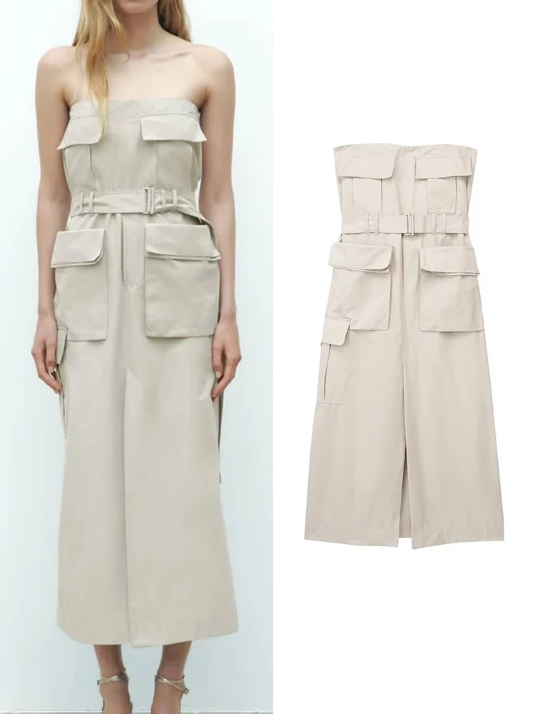 

TRAF Summer Women Solid Dress With Belt 2023 Newest Elegant Office Lady Multi-Pocket Decoration Split Hem Chic Sheath Long Dress
