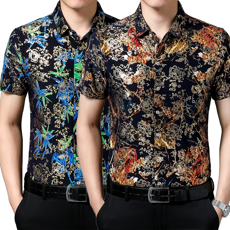 

Рубашка мужская быстросохнущая, Повседневная тонкая пляжная с принтом золотого штампа, с графическим принтом, с лацканами, Роскошный топ в гавайском стиле, лето