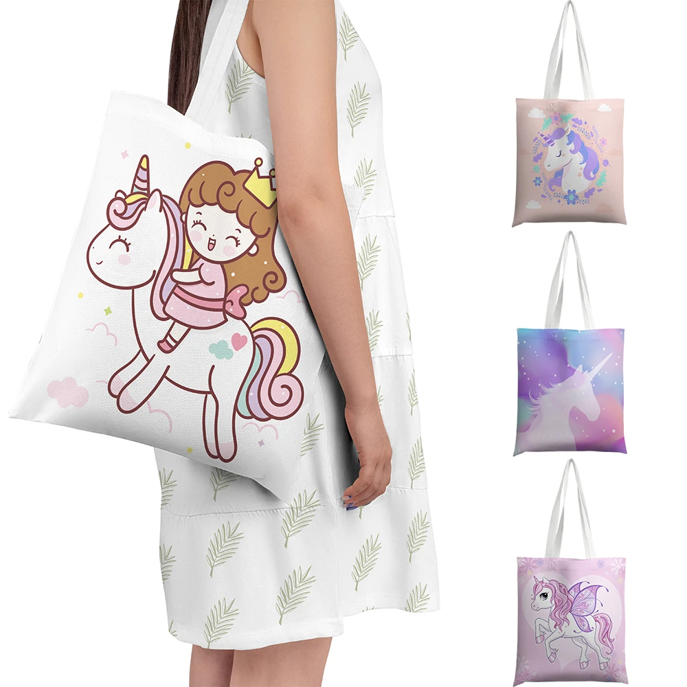 

Cartoon Unicorn Print Shoulder Bag For Women Pink Sweet Girl Cute Tote Bag Daily Use Travel Casual Canvas Shopping Bag Reusable