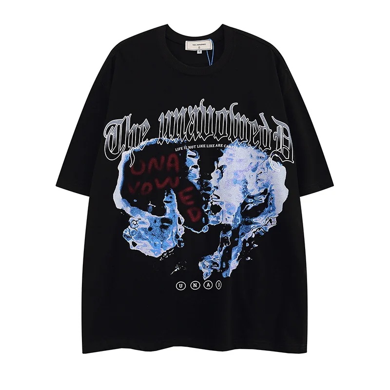 

Летняя хлопковая свободная Мужская футболка GTDOM2022 с круглым вырезом, черным и белым рисунком скелета, демона, с принтом, с пятью рукавами, бе...