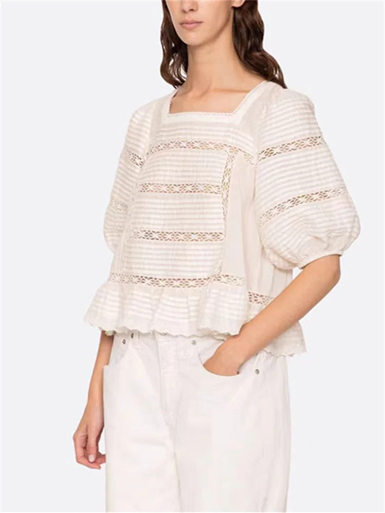 Женская винтажная плиссированная блузка на одной пуговице кружевная ажурная