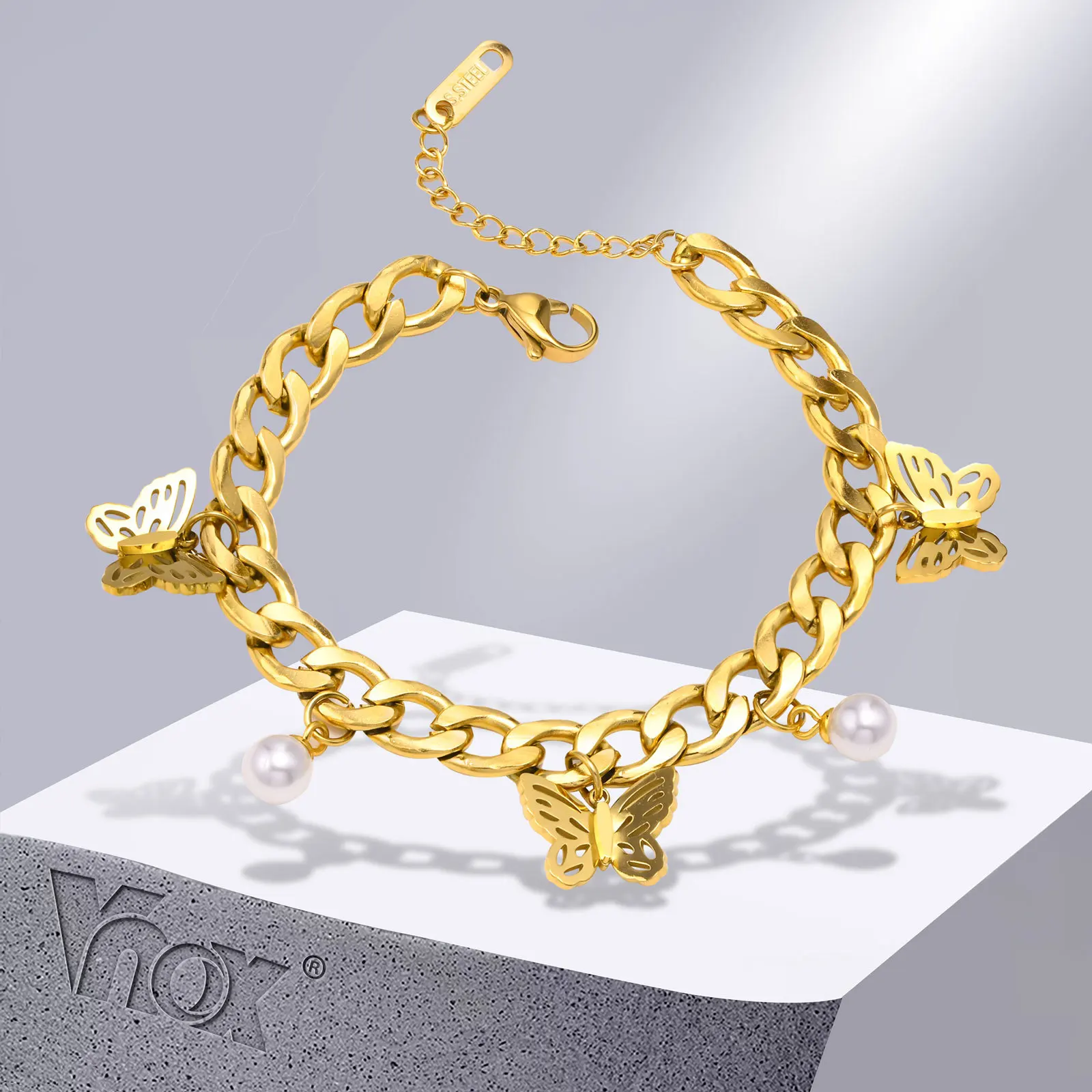 

Vnox Women Temperament Butterfly Charm Bracelets for Party Gift Jewelry, Gold Color Stainless Steel Adjustable Cuban Chain