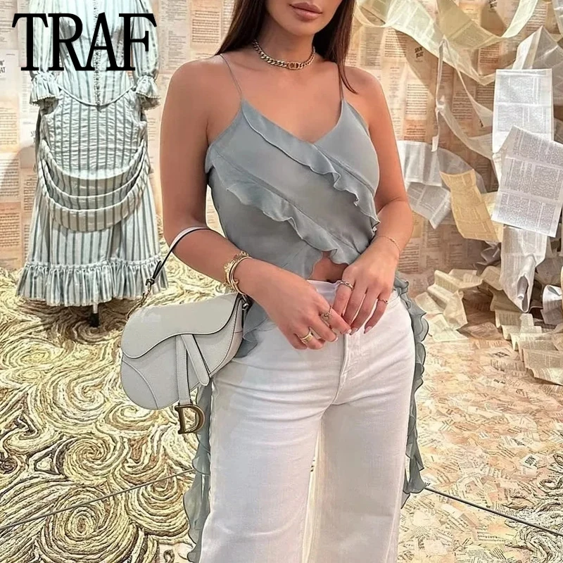 

TRAF Ruffle Crop Top Women Asymmetric See Through Top Female Summer Backless Tops for Women 2023 Thin Straps Corset Tops Woman