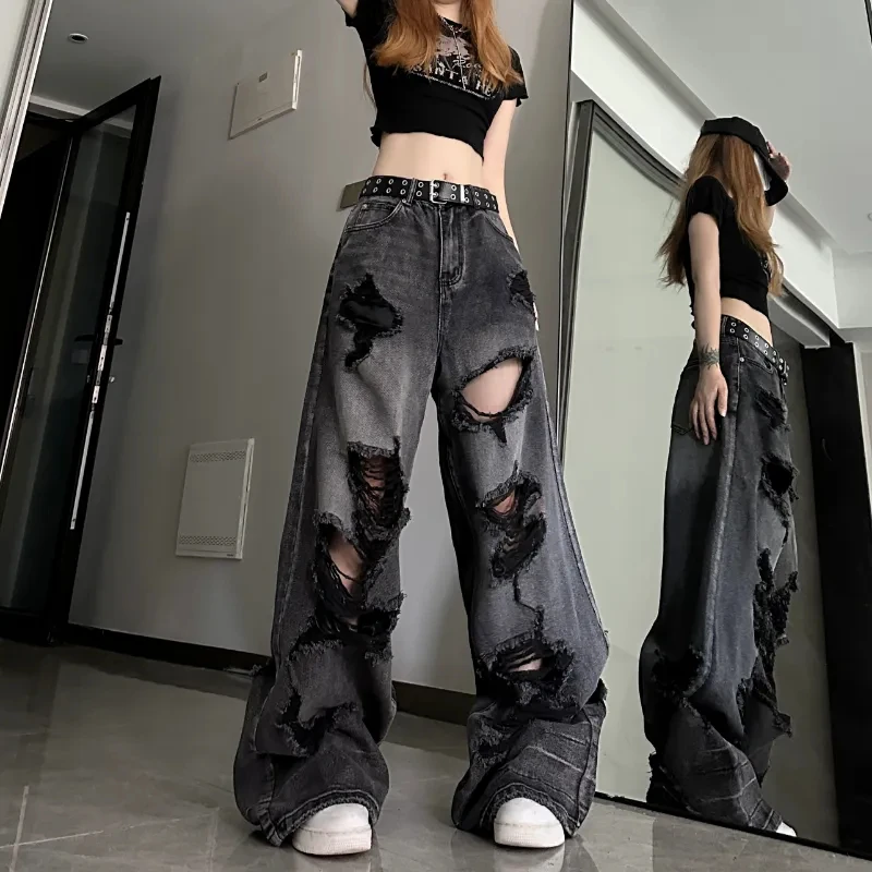 

Y2K корейские гранж Черные Серые рваные джинсы винтажная уличная одежда прямые брюки с широкими штанинами джинсовая ткань оверсайз одежда
