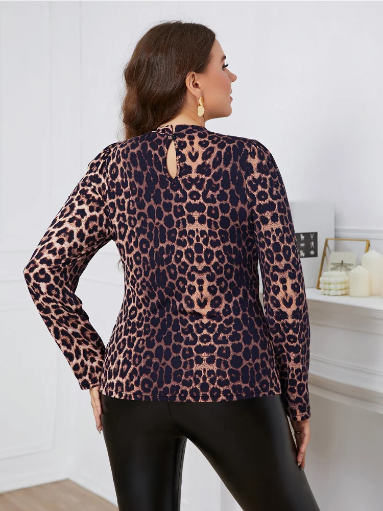 Spring and autumn brown leopard print tight long sleeved top for women blusas plus size mujer  t-shirts