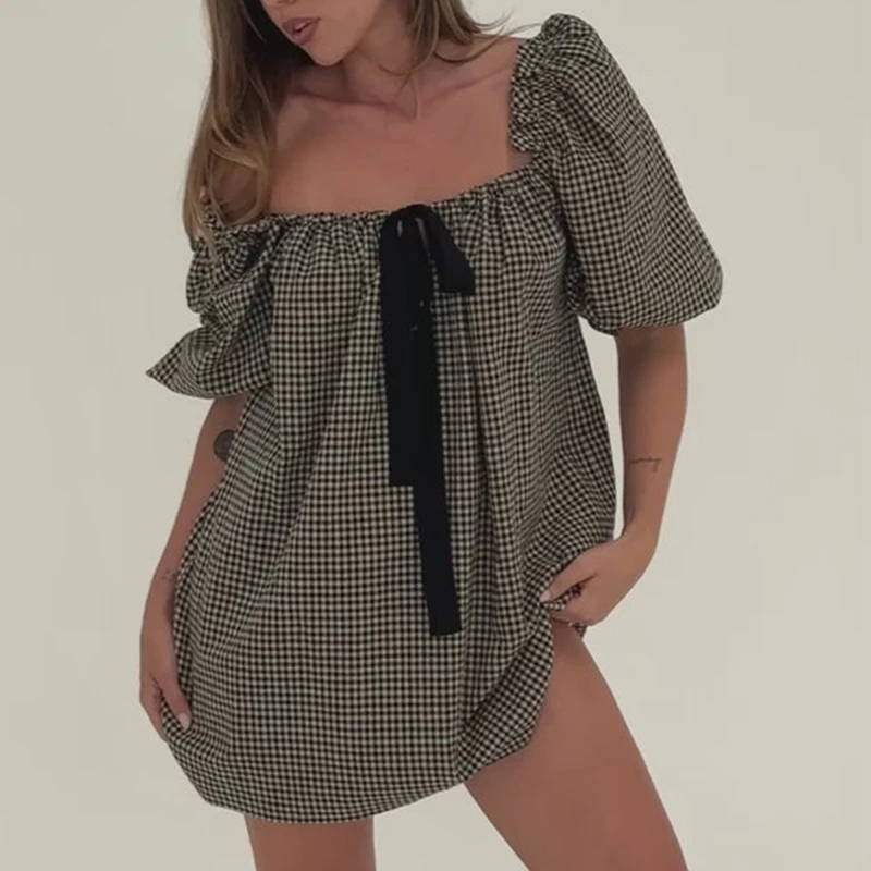 Платье-мини женское с квадратным вырезом пышными рукавами и принтом