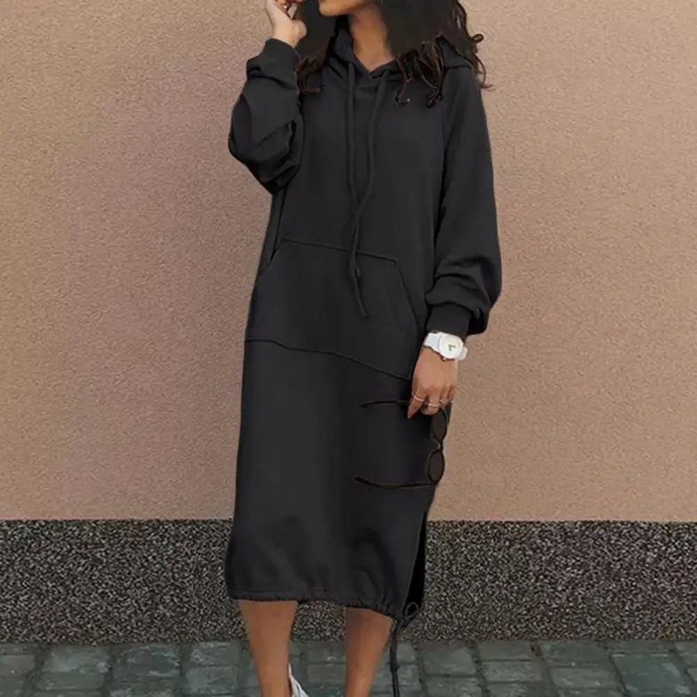

Breathable Hoodie Dress Streetwear Chic Women's Hooded Sweatshirt Midi Dress with Drawstring Hem Front Pocket Side for Everyday