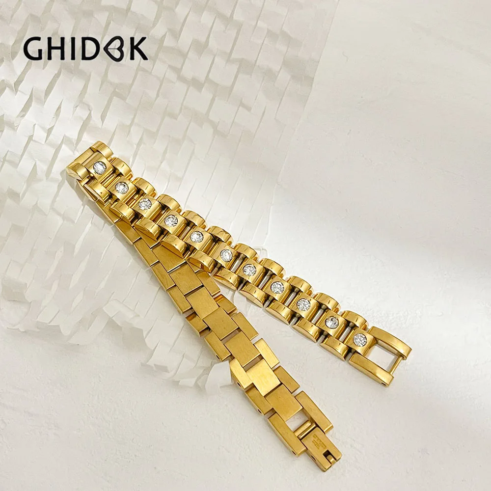 

GHIDBK Waterproof 18cm Stainless Steel Rhinestones PVD Gold Plated Thick Chain Bangle Bracelets Fashion Jewelry Women Bijoux
