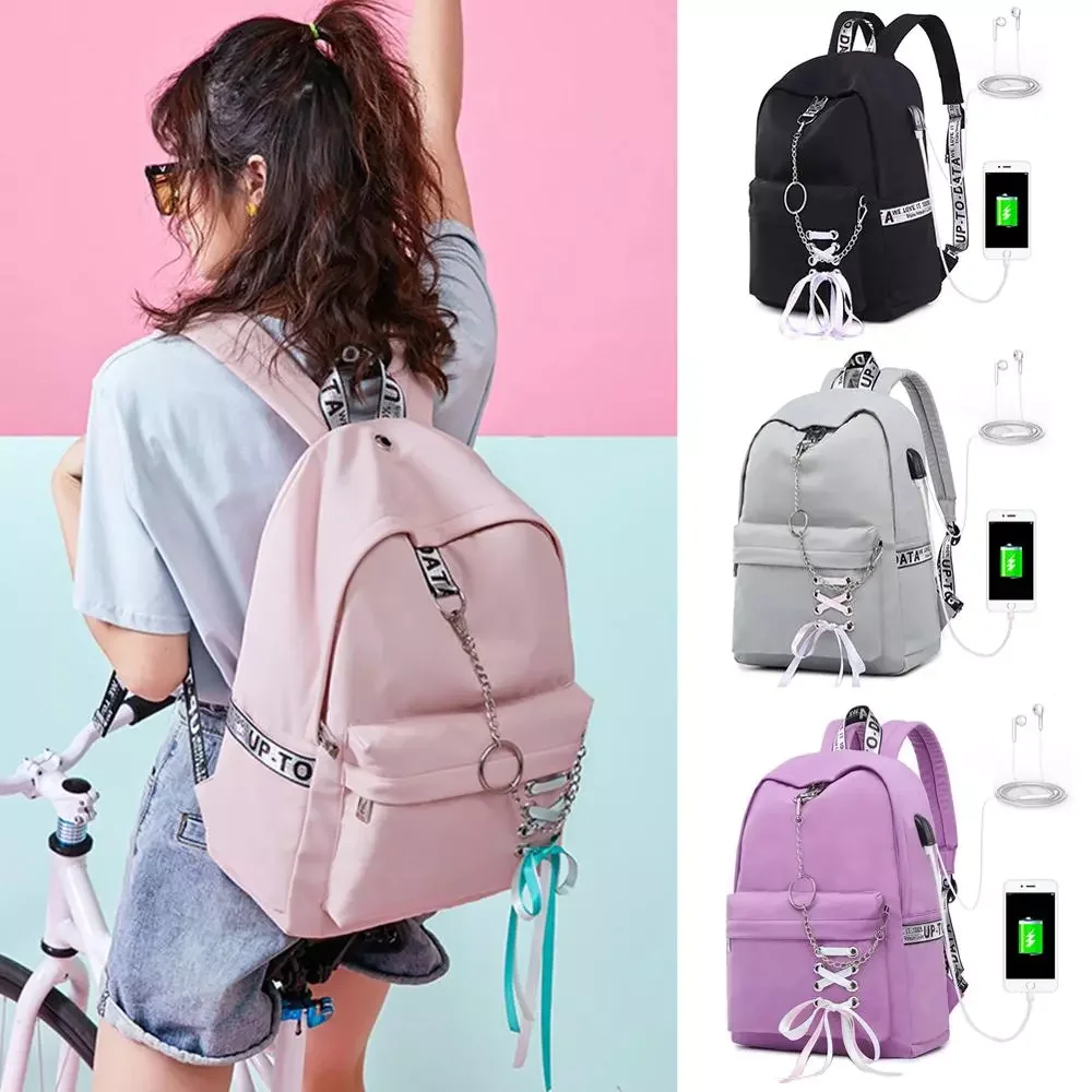

Solid Color Printing Laptop Backpack for Girls Fashion Usb Charging Children School Bags Female Travel Mochila Bag For Women