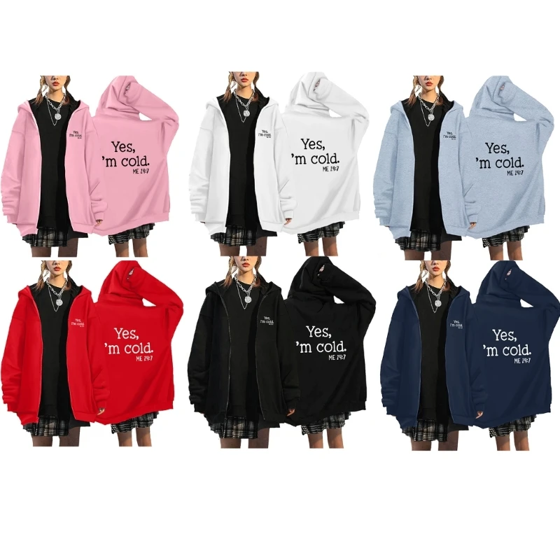 

L5YD Women Zipper Up Hoodies Coat Yes Cold Me 24:7 Graphic Letters Casual Sweatshirts