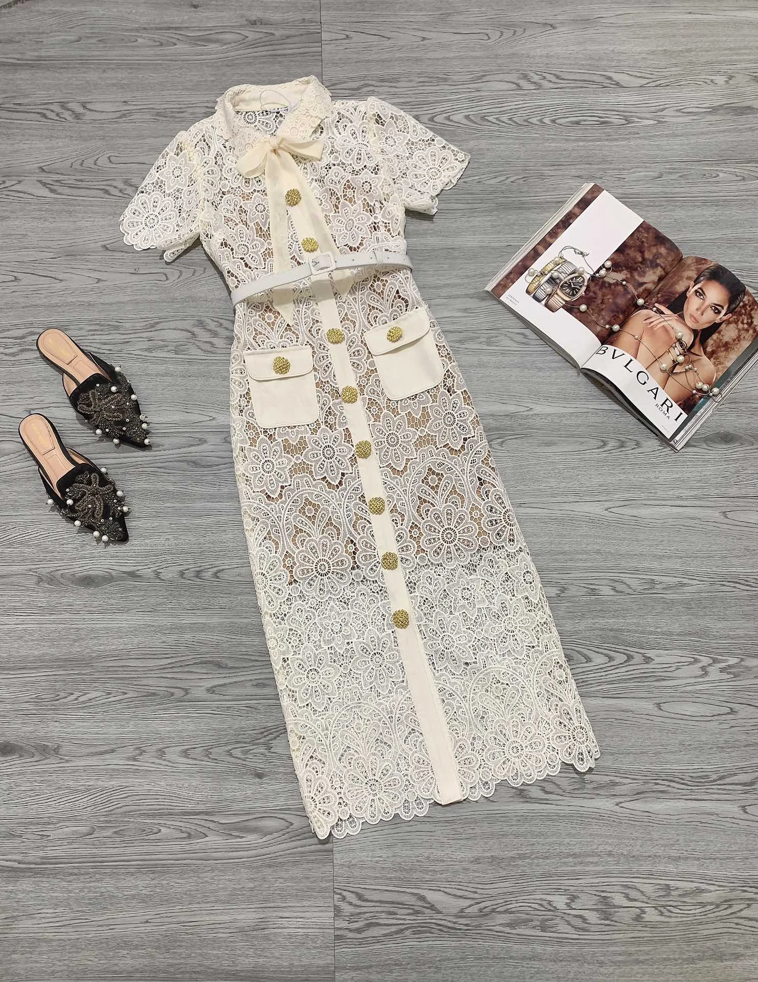 designer 2023 women Water-soluble lace embroidery elegant pencil dresses peter pan collar belt buttons short sleeve dress