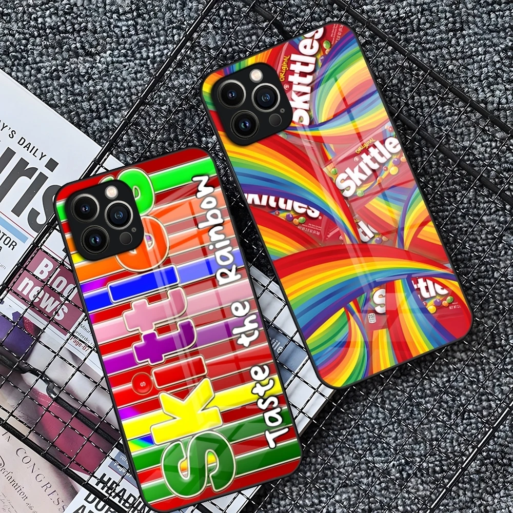Phone Case Skittles Sweet Sour Fruit Candies For IPhone 16 15 14 Pro 11 13 12 Mini XS XR Max 6 8 7 Plus SE Glass Luxury Cove