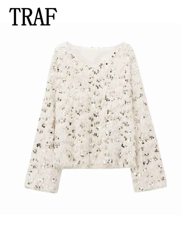 TRAF женский свитер пуловеры элегантный с перьями и блестками 2024 осень-зима
