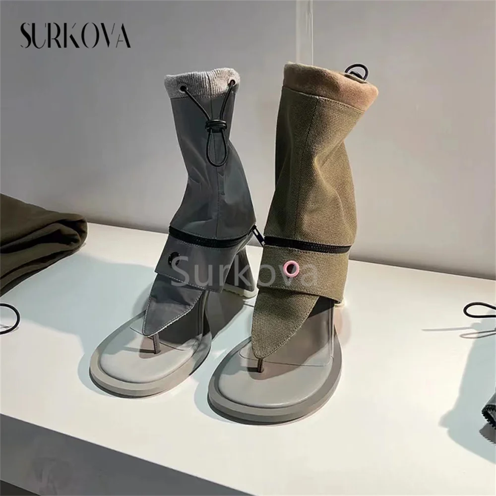 Niche Design Thong Mid-Tube Sandals Boots Women's Shoes 2023 Early Spring New Elastic Band Thick Heel High Heel Fashion Sandals