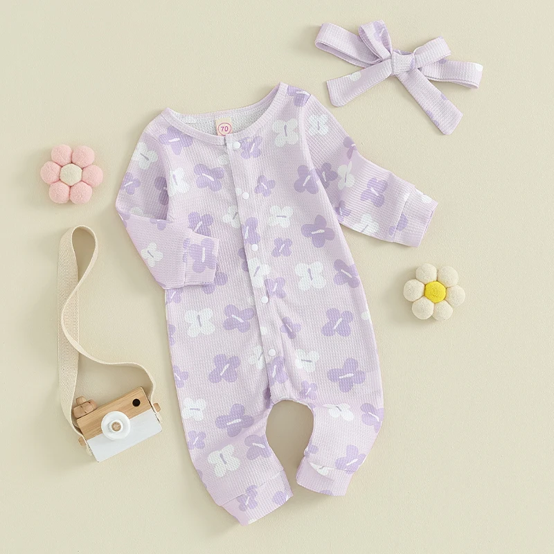 

Baby Girl 2Pcs Fall Outfits Long Sleeve Floral Print Button Up Romper with Headband Set Infant Clothes