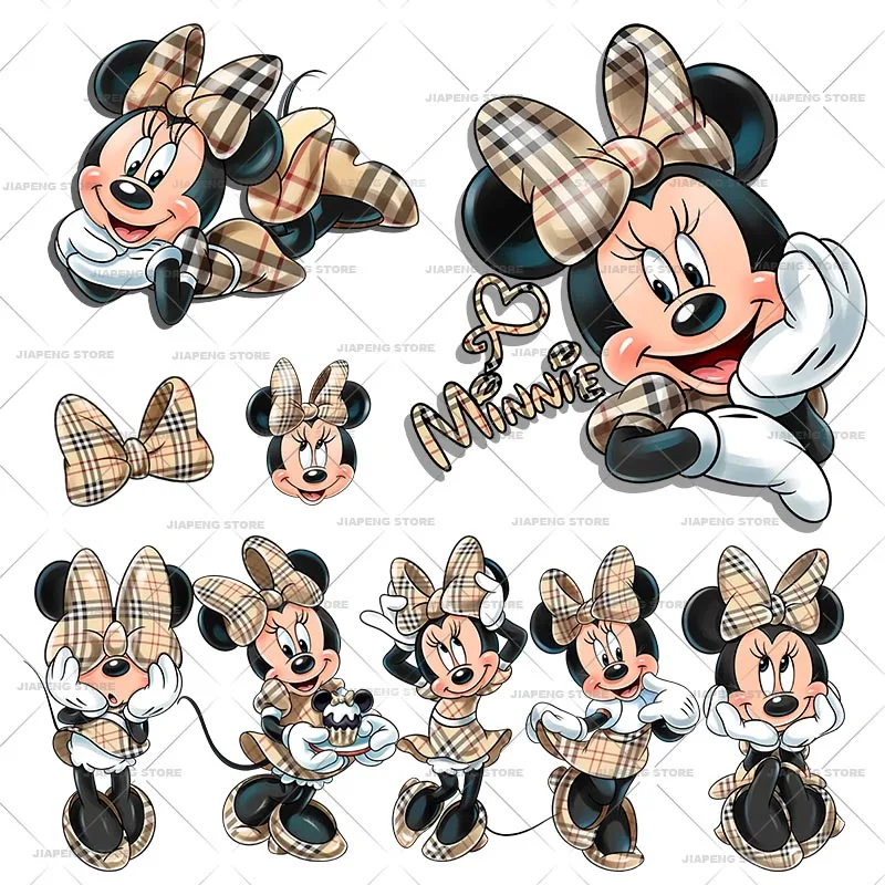 

Minnie Mouse Scottish Plaid Print Heat Transfer Vinyl Stickers For Woman Clothes Disney Brand Luxury Iron on Patches On Bags DIY