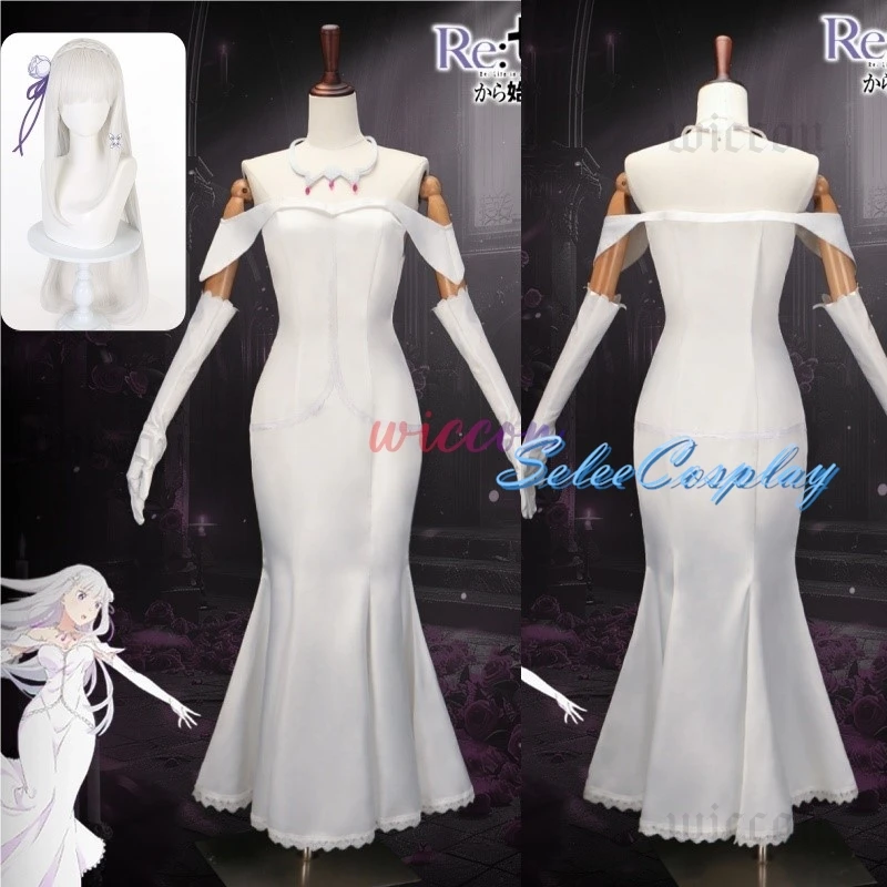 Эмилия Косплей Костюм Аниме Re Zero Маскировочные Наряды Белое Платье Женские