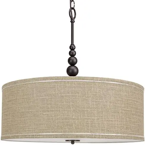 

22.5" Modern 3-Light Drum Pendant Chandelier, Gray Fabric Shade, Tempered Glass Diffuser, Adjustable Height, Brushed Nickel Ado