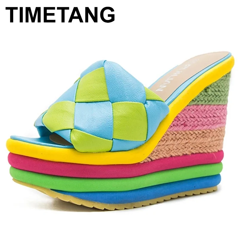 

Summer 13cm Height Women's Platform Sandals Pu Leather Woven Mules Rainbow Hemp Twine fishman shoes Casual Chunky Wedges Slipper
