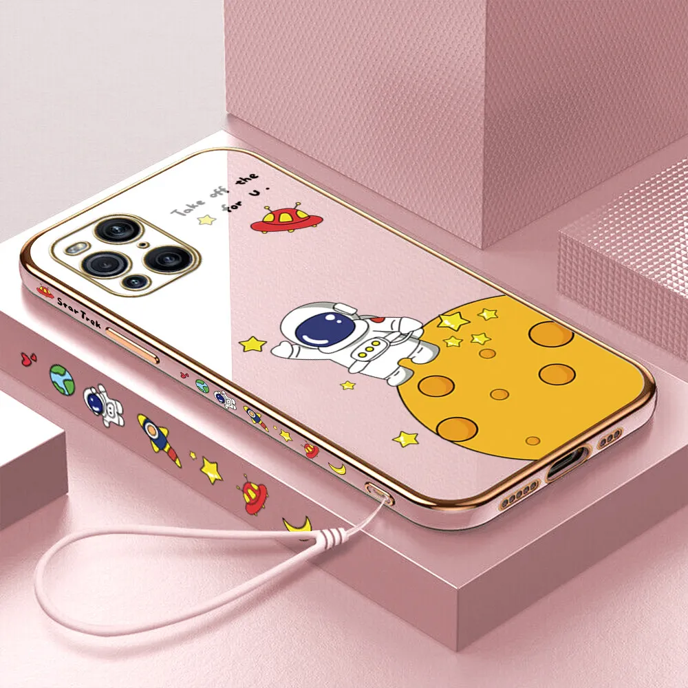 

Funda Case For OPPO F11 F9 Find X3 Pro Cartoon Astronaut Edge Pattern Luxury Plating Shockproof Soft Cover Coque with Lanyard