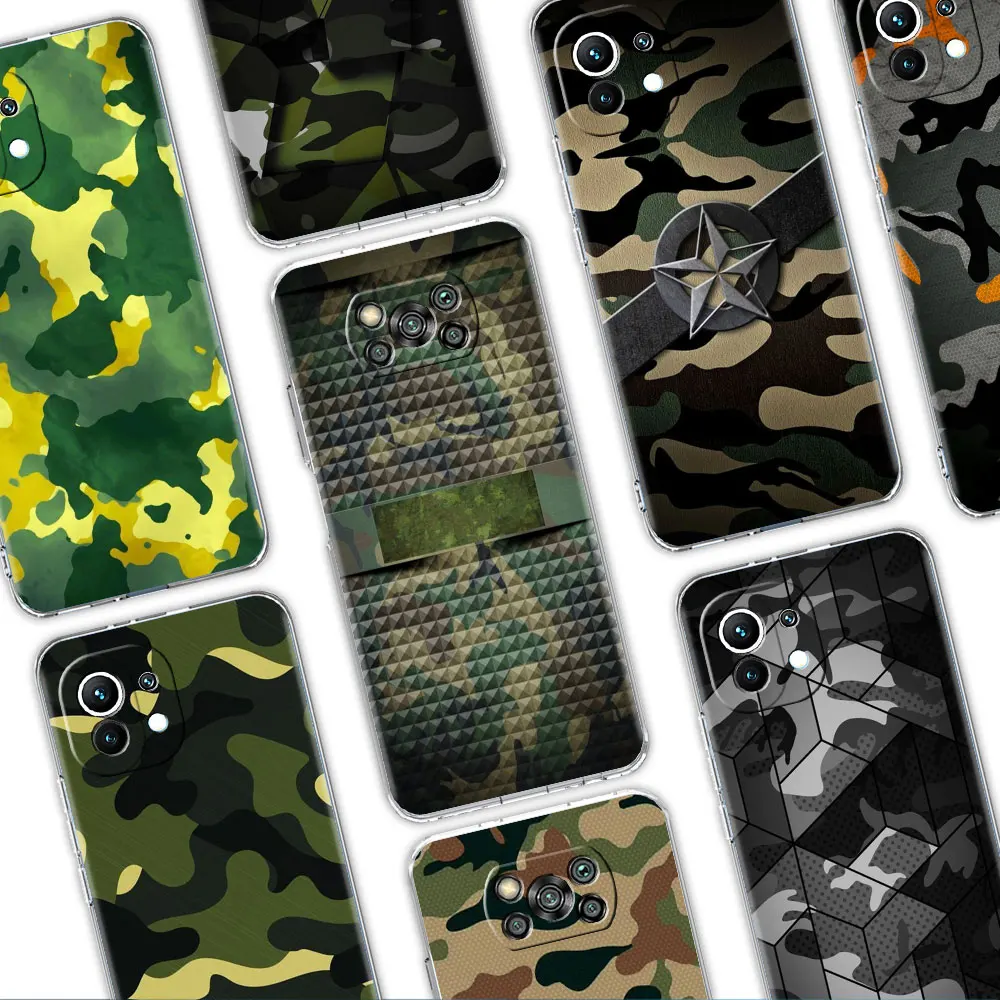 

Clear Soft Cover for Xiaomi Poco X3 NFC M3 F1 F3 Mi 12 11 Lite 5G NE 11T 10T Pro Note 10 celular cases Military Camouflage Green