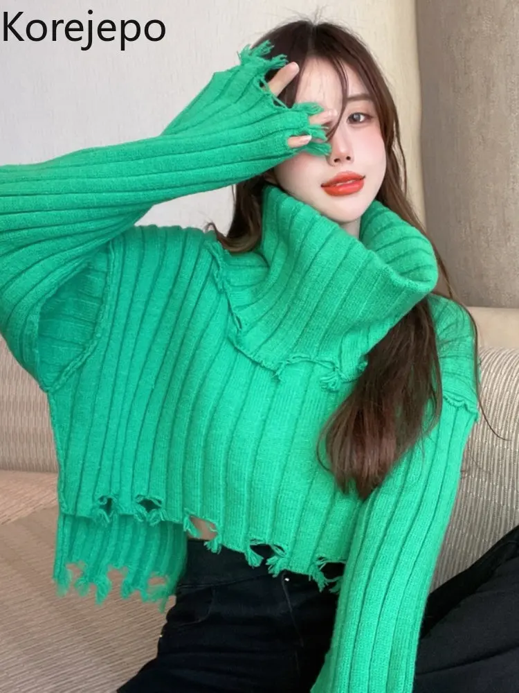 

Korejepo Hollowed Out Tassel Sweater Women Autumn Winter Gentle Hole Thickened Short Sweaters Top 2022 New Retro Sexy Pullover