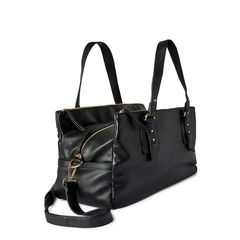PU Leather Travel Tote Purse. Women's Beautiful Triple-Section Black PU Leather Handbag Cat Travel Tote Purse Weekender Bag.