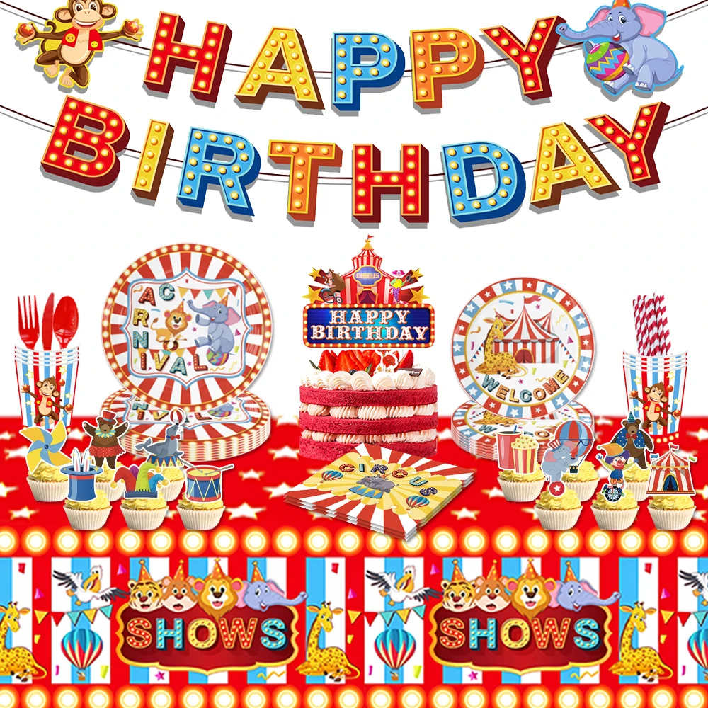 

Circus Carnival Birthday Party Decorations Plate Cup Napkin Tablecloth Straw Balloons Banner for Animals Themed Party Supplies