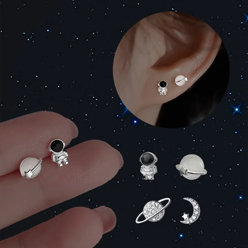 

New Silver Plated Female Earrings Asymmetric Cute Space Astronaut Planet Opal Stud Earrings for Women Ear Piercing Jewelry