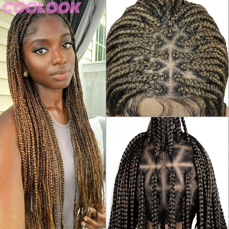 36 Inch  Full Lace Box Braids Wigs Super Long Knotless Braid Lace Front Wigs for Black Women Ombre Synthetic Braided Frontal Wig