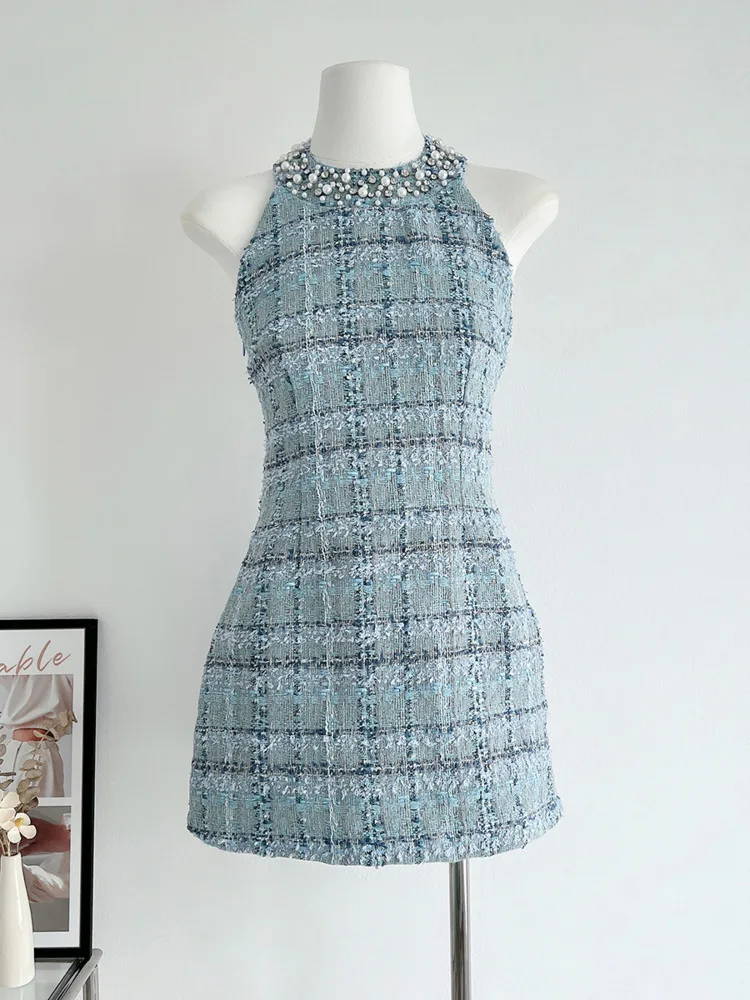 

Новинка, летнее твидовое платье для женщин, маленькие ароматные твидные платья, корейская мода 2023, роскошное Привлекательное платье с открытой спиной и бисером