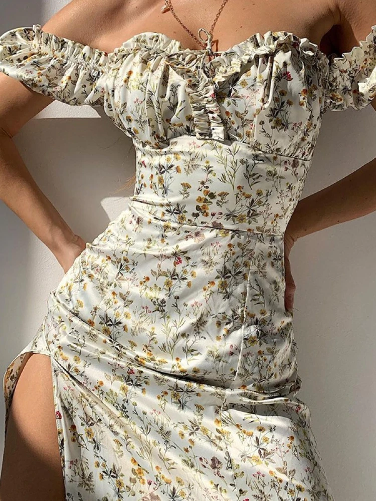 

Summer Women Floral Off Shoulder Dress Puff Sleeve Maxi Dress For Robe Sexy Lace Up Side Split Chic Mid-Calf Aesthetic Dresses