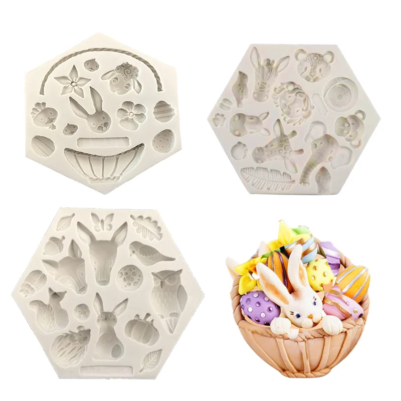 

3PCS/Set Forest Animal Petals Flower Basket Silicone Mold DIY Fondant Chocolate Cake Decoration Baking Tools Rabbit Resin Mould