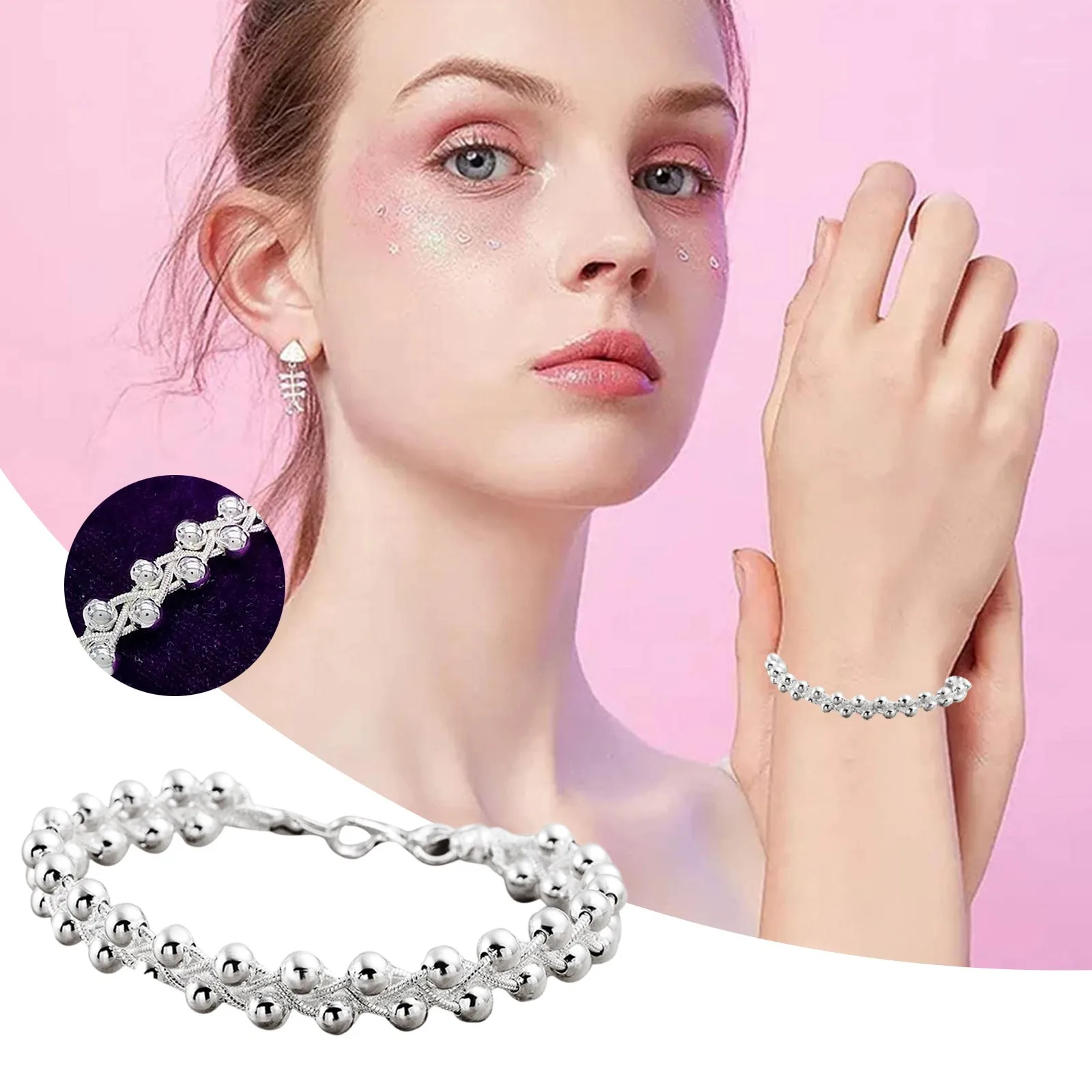 

Charm 925 Sterling Silver Bracelets for Women Fine Braided Beads Chain Fashion Wedding Party Christmas Gift High Quality Jewelry