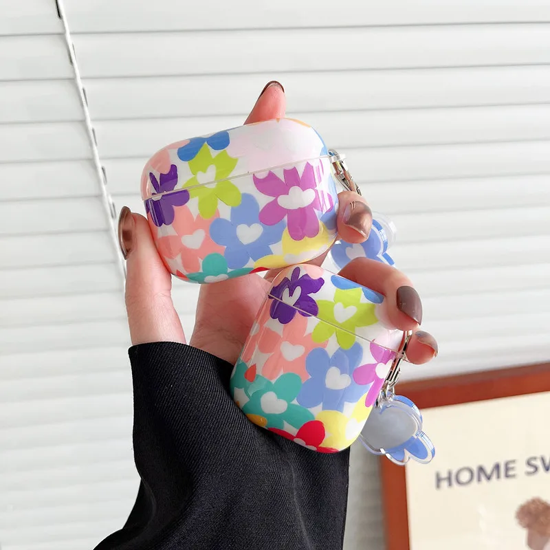 

3D Cute Cartoon painting rainbow flowers Shockproof Protective Airpods 1 2 Pro wireless Earphone Case with Keychain