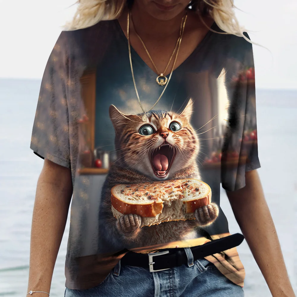 Fashion women's T-shirt V-neck top oversized size cat print girl Harajuku pullover short sleeve summer casual wear
