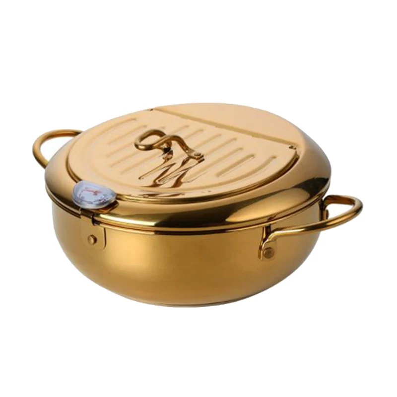 

Stainless Steel Frying Pot with a Thermometer and a Lid Deep Tempura Fryer Pan Skillet Kitchen Tools-Gold