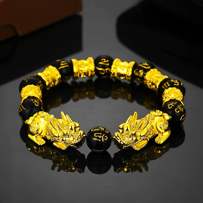 

Buddhism Feng Shui Obsidian Stone Beads Bracelet Men Women Unisex Good Luck Gold Black Pi Xiu Wealth Color Changing Fine Jewelry