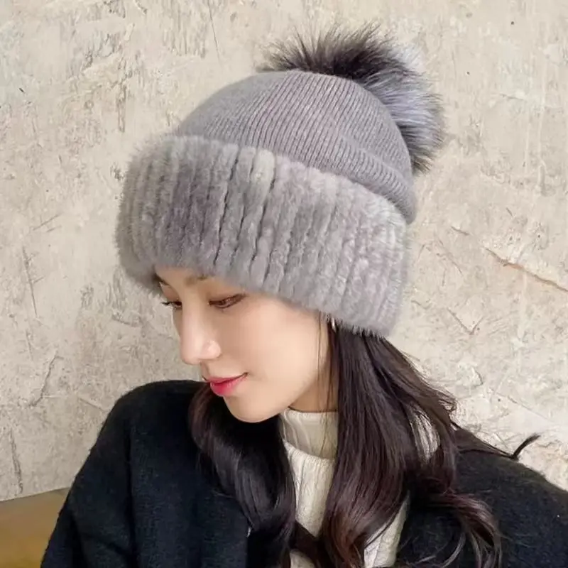 New Mink Fur And Rabbit Fur Blended Knitted Hat Female Fox Fur Ball Ear Protection Winter Korean Version Plus Velet Warm Fur Hat